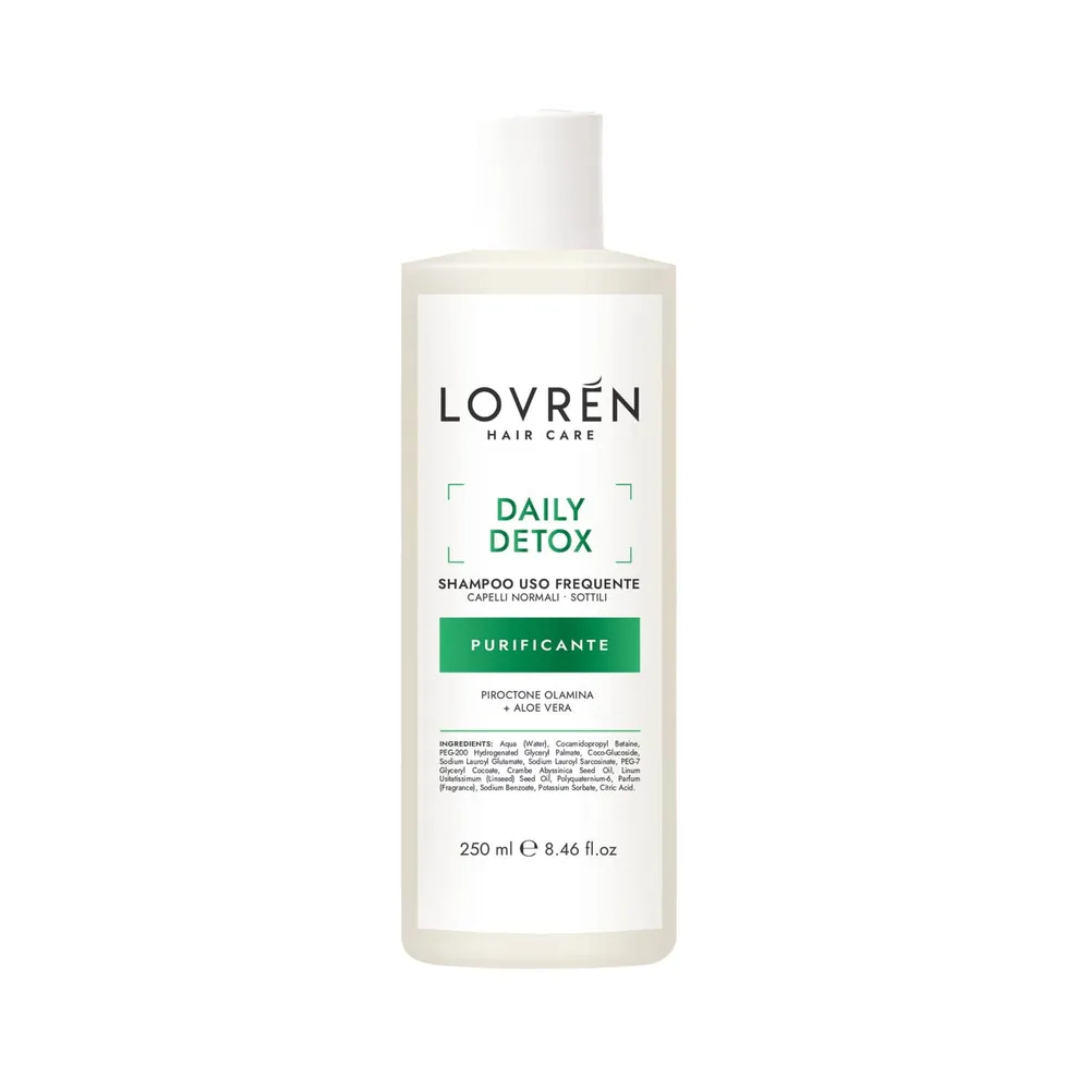 Lovrén szampon oczyszczający do włosów przetłuszczających się z ekstraktem matchy, aloesu i kameli oraz piroktonem olaminy DAILY DETOX , 250 ML