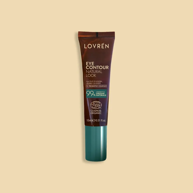 Lovrén odżywczy, priobiotyczny naturalny krem pod oczy z kwasem hialuronowym, wodą jęczmienną i olejkiem migdałowym, 15 ml