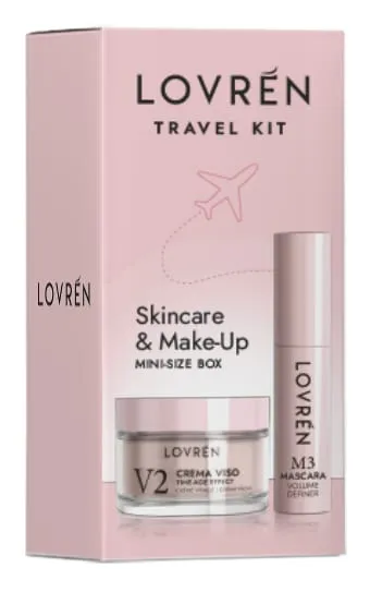 Lovrén zestaw podróżny: M3 Mascara Mini Extra Gęstość, 5 ml + uUjędrniający i odżywczy krem do twarzy z peptydami i kwasem hialuronowym, przeciw oznakom starzenia, V2 Time-Age Effect, 15 ml