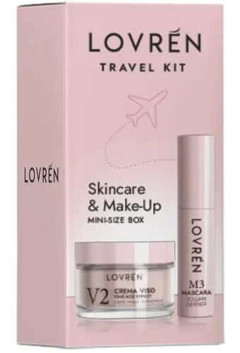 Lovrén zestaw podróżny: M3 Mascara Mini Extra Gęstość, 5 ml + uUjędrniający i odżywczy krem do twarzy z peptydami i kwasem hialuronowym, przeciw oznakom starzenia, V2 Time-Age Effect, 15 ml
