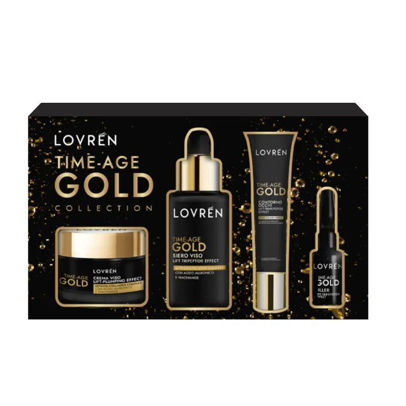 Lovrén zestaw Time-Age Gold: krem z retinolem i niacynamidami 30ml + serum przeciwstarzeniowe z tripeptydem-28 30ml + serum liftingujące pod oczy z peptydami 15ml + filler ampułka z peptydami 5ml