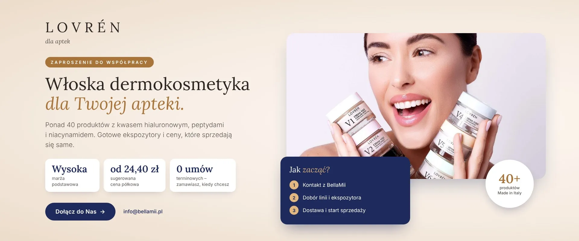 Lovrén dla aptek, zaproszenie do współpracy. Włoska dermokosmetyka dla Twojej apteki: ponad 40 produktów, gotowe ekspozytory, wysoka marża podstawowa, sugerowana cena półkowa od 24,40 zł, bez umów terminowych. Dołącz do nas.